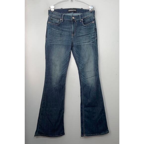 Express Size 10 Dark Wash Stretch Denim Jeans Western Slim Flare Mid Rise 2000s - Picture 1 of 12